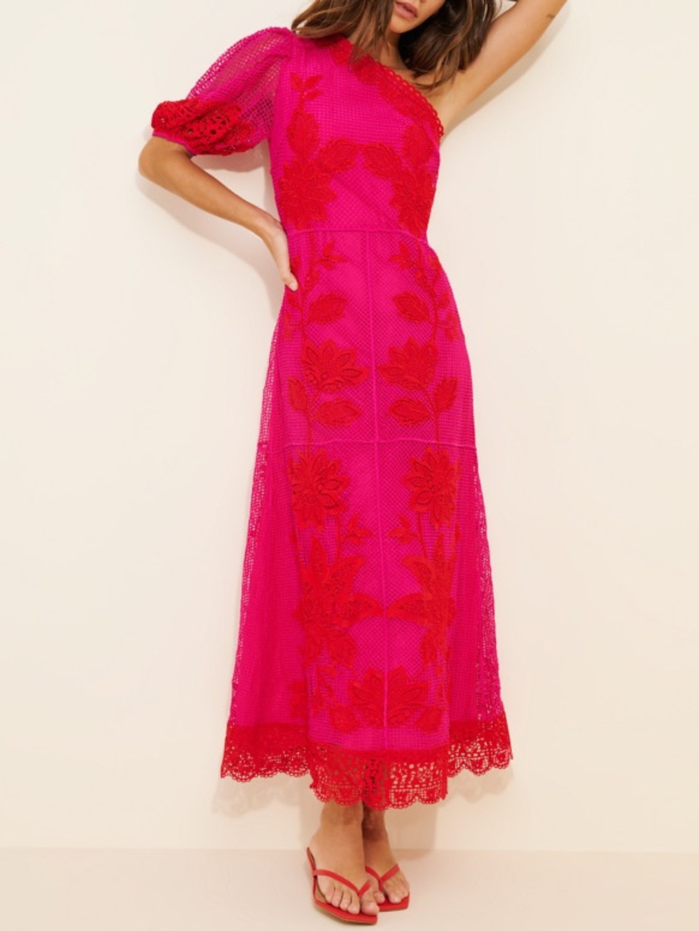 FARM Rio Guipure Maxi Dress Pink Red One Shoulder Lace S